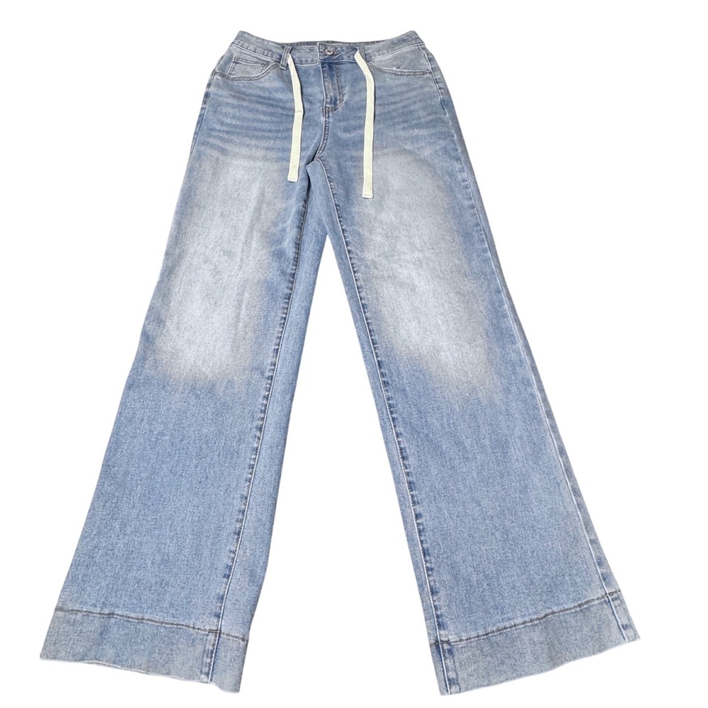 Sidefeel Jeans Womens 8 Denim Light Wash Wide Leg Drawstring Boho Western Blue